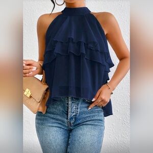New Flirty Layered Sheer Ruffle Halter Top Blouse Navy Blue